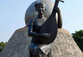 彈奏人物雕塑，公園銅雕彈琵琶的女孩彈雕塑