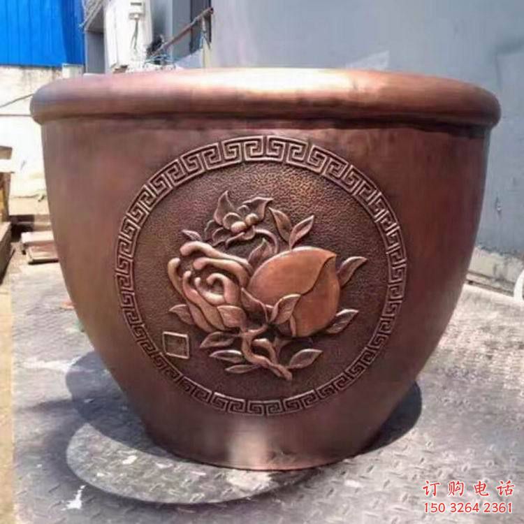 紅銅缸雕塑廠家 牡丹花銅雕圖案