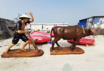 彩繪牛離地銅雕廠家 仿古農(nóng)夫人物銅像價格