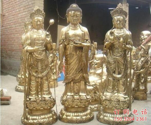 仿古三圣佛像廠家 鑄銅西方三圣佛像銅雕