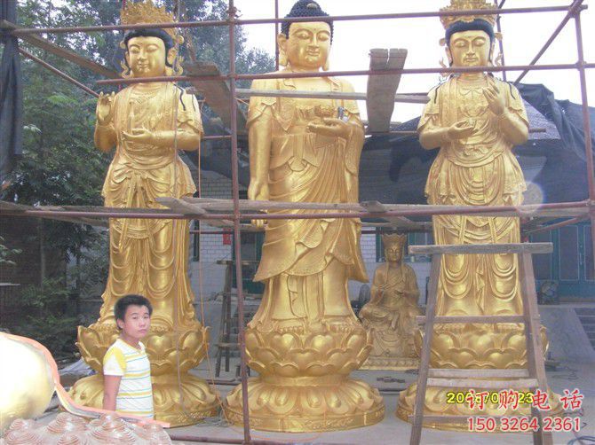 抽象三圣佛像廠家 紫銅西方三圣佛像銅雕