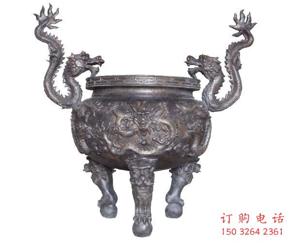 雙耳龍頭三足爐銅雕塑