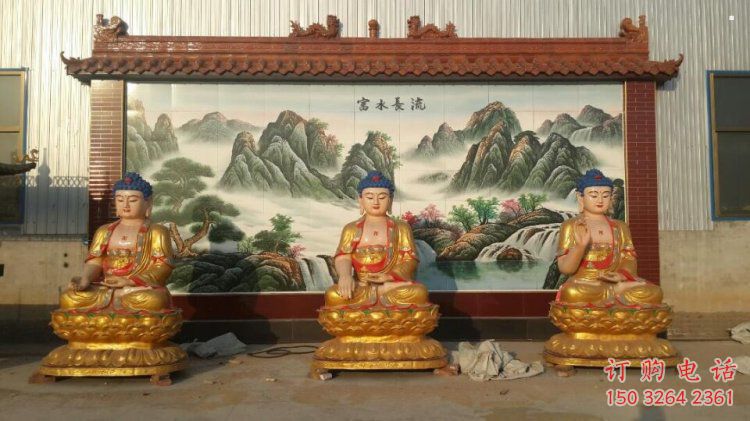 彩繪三世佛銅佛像廠，彩繪工藝，仿銅三世佛銅佛像定做