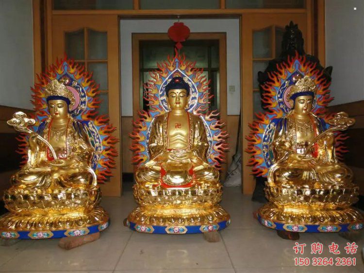 大型三世佛銅佛像廠家，佛堂擺放，三世佛銅佛像預(yù)用