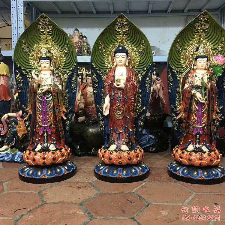 預定東方三圣佛像，彩繪工藝，玻璃鋼東方三圣佛像生產(chǎn)