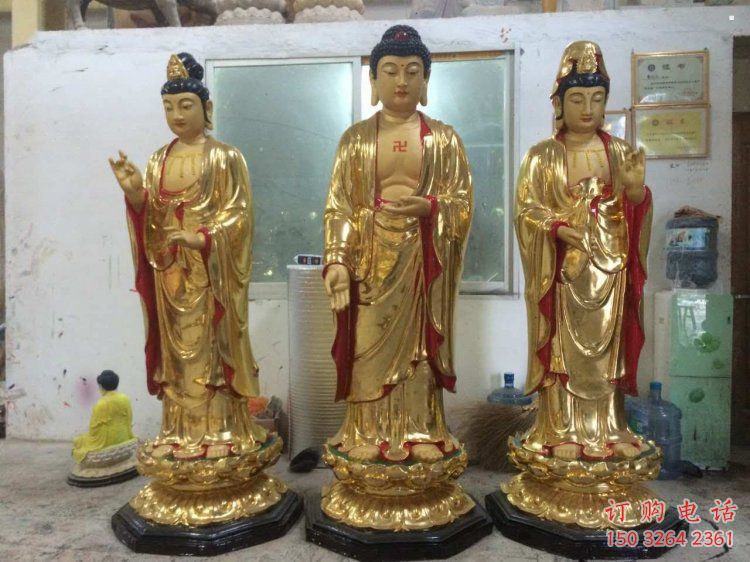 通用西方三圣佛像，鑄銅工藝，西方三圣銅佛像定做