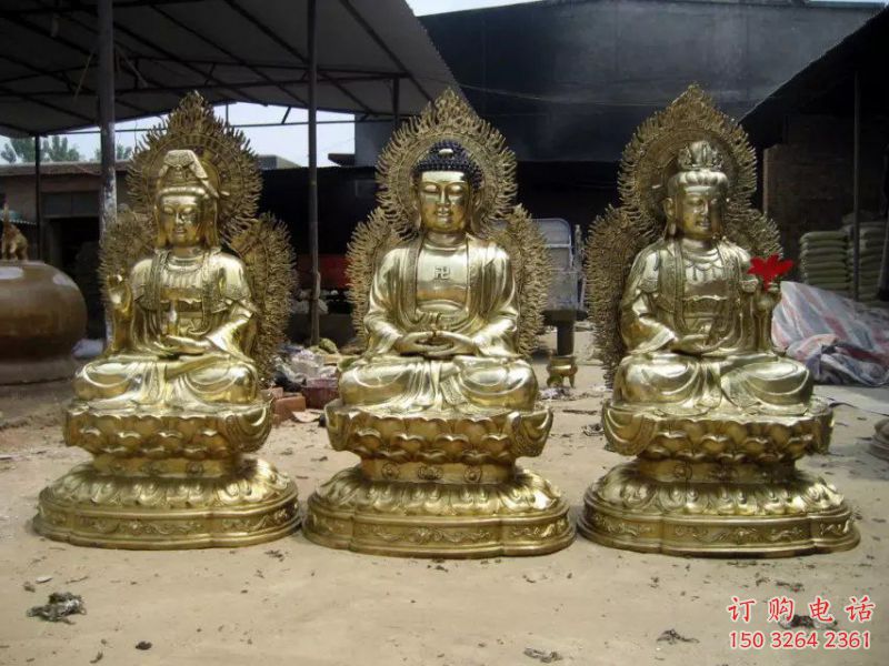 大型西方三圣銅佛像廠家，鎏金效果，西方三圣銅佛像預(yù)用