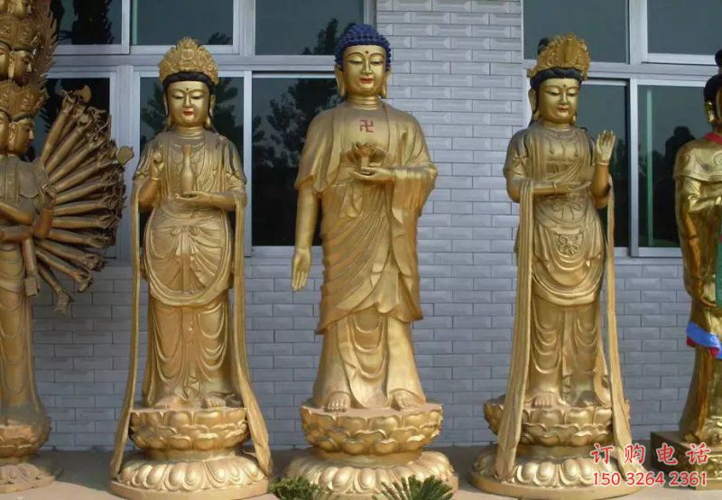 供應(yīng)西方三圣銅佛像，彩繪工藝，大型西方三圣銅佛像加工